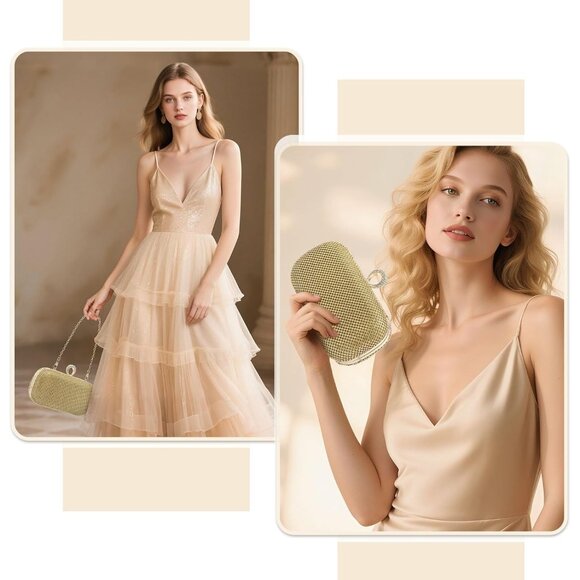 Women Gold Sparkly Rhinestone Evening Clutch Purse Crystal Ring Clasp Handbag - Picture 2 of 6